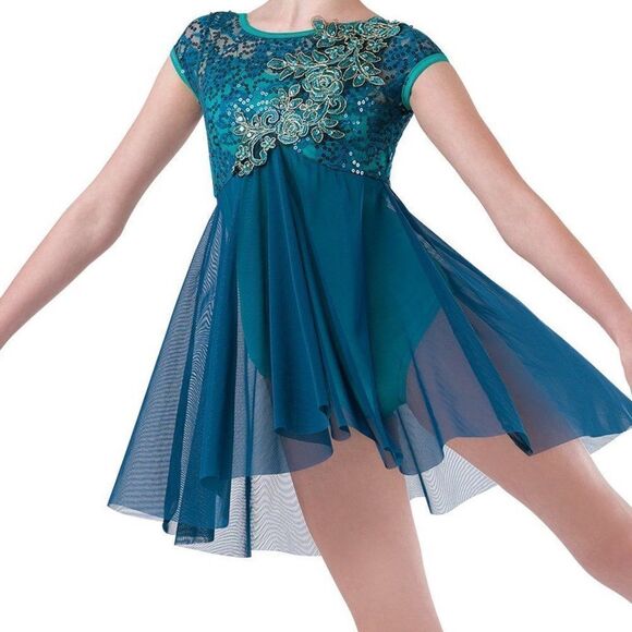 Costume Gallery dance dress lyrical ballet Teal sequin beaded appliqué Adult SA - Picture 1 of 10